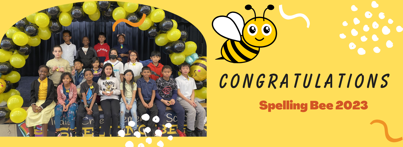 congratulations spelling bee 2023 group of students sitting and standing under balloon arch 