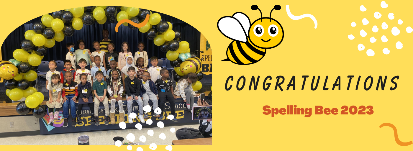 congratulations spelling bee 2023 group of students sitting and standing under a balloon arch 