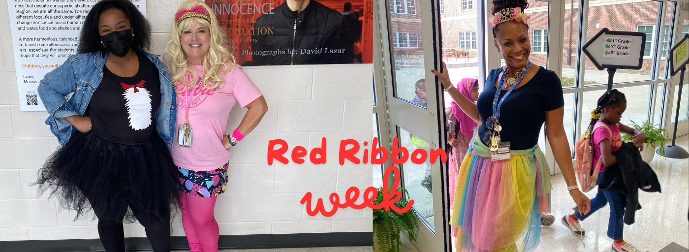 Red ribbon week; picture of 3 ladies posing in book character costumes