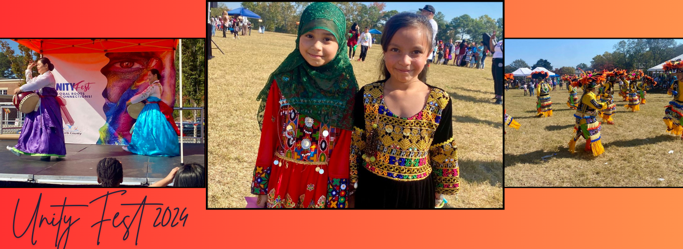 Unity fest 2024; collage of 3 photographs; 2 girls smiling at a local festival. 2 pictures of cultural dancing.