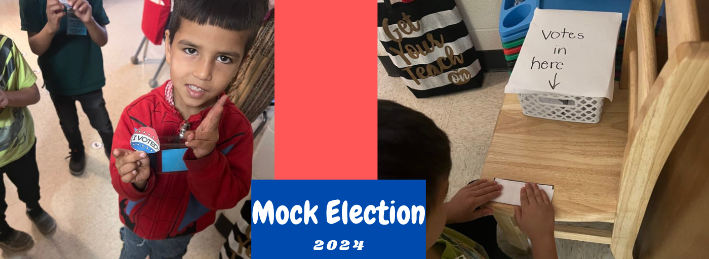 Mock Election 2024; 2 photographs of young students casting their mock vote at school. 