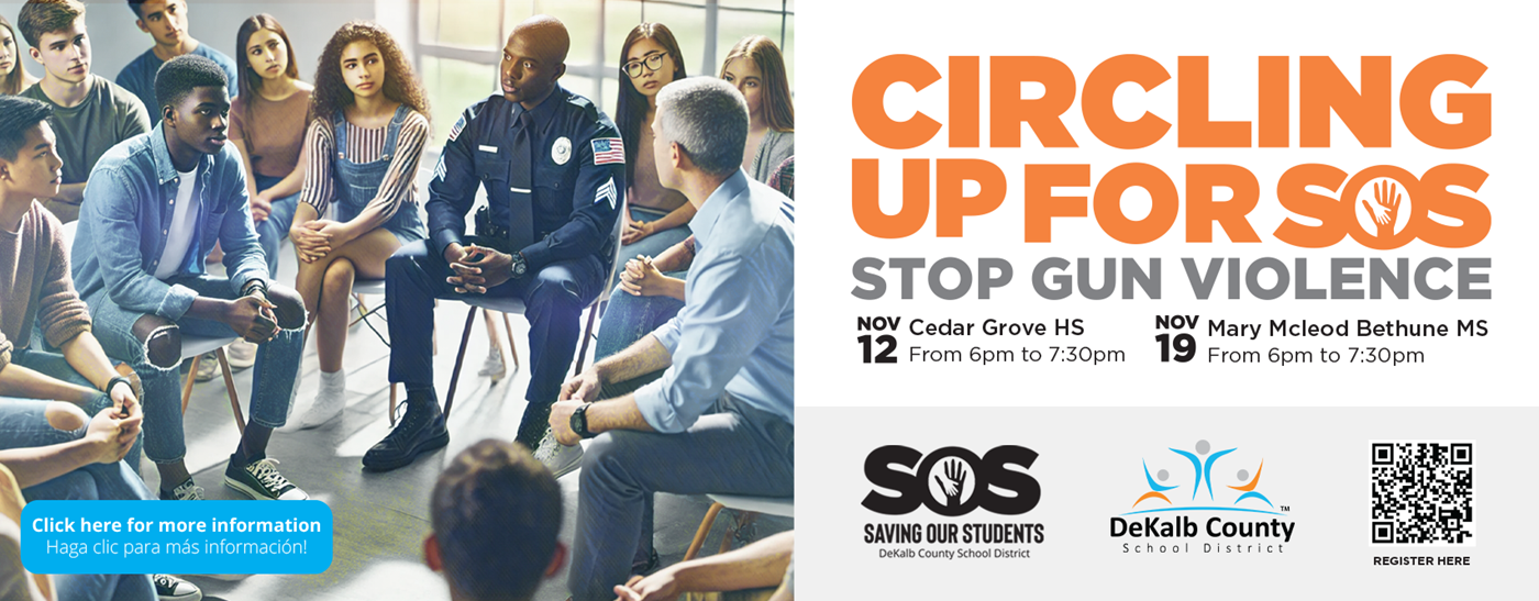 Photo of  a group of people sitting in a circle. Circling up for SOS. Stop gun violence. November 12th @ Cedar Grove High School from 6pm to 7:30 pm. November 19th @ Mary McLeod Bethune Middle School from 6pm to 7:30 pm. 