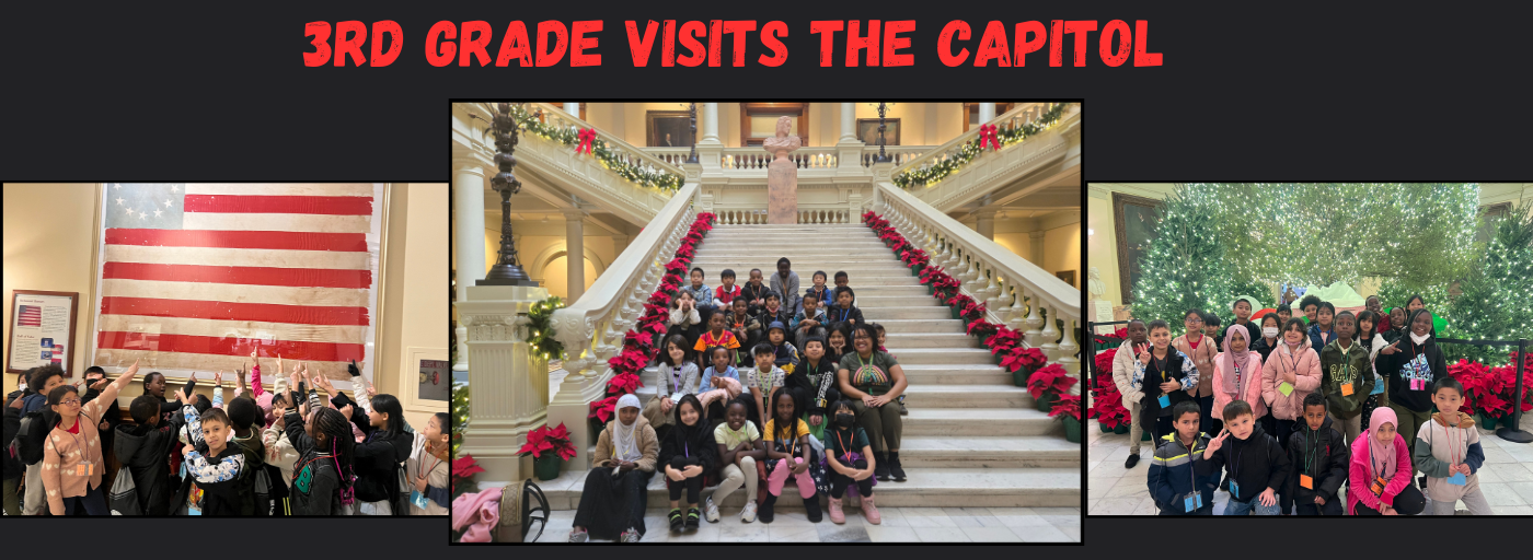 3 photos of students posing inside of The Georgia Capitol; 3rd grade visits the capitol 