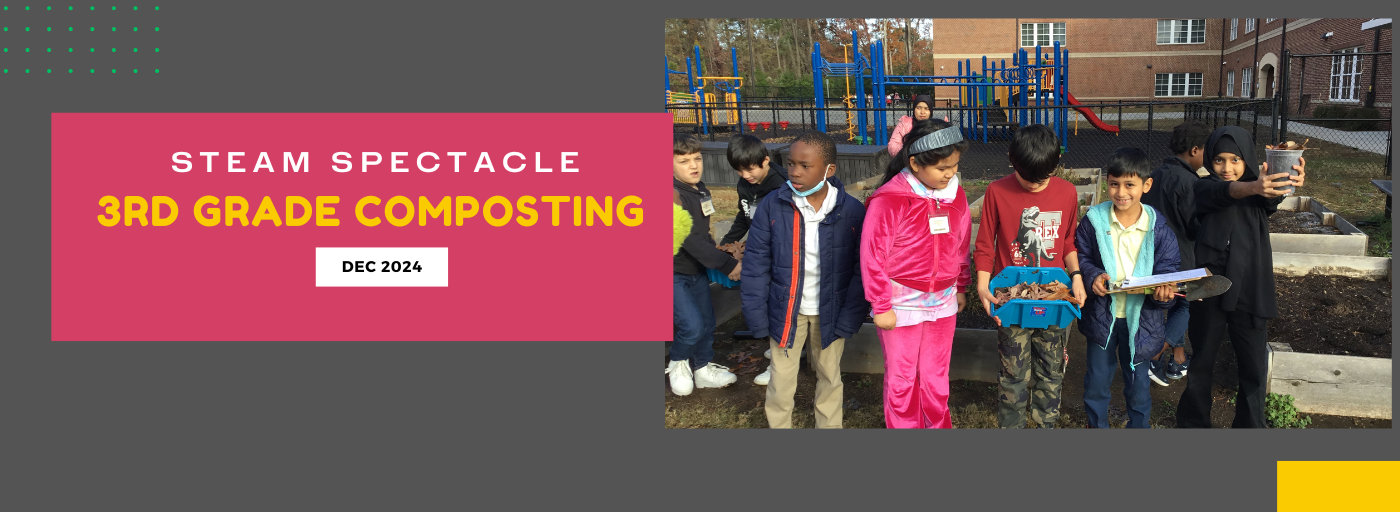 Group of students standing in school garden holding compost; steam spectacle; 3rd grade composting; 2024