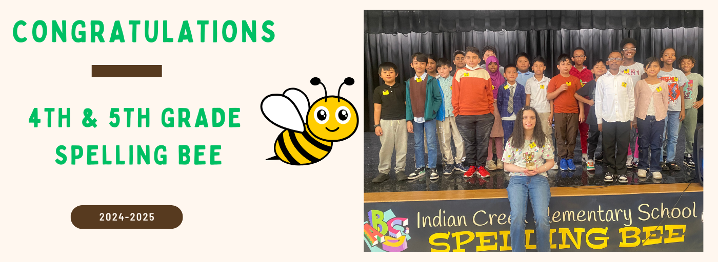 Congratulations 4th & 5th grade spelling bee 2024-2025; picture of a group of students standing on stage