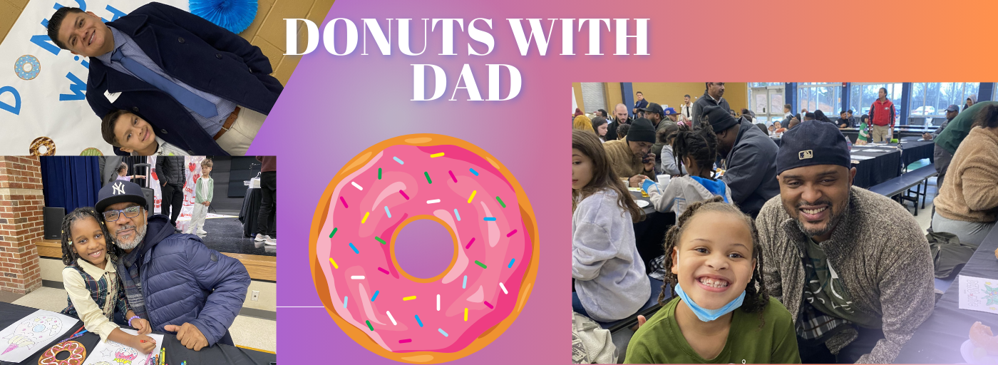 dads with their daughter or son smiling; donuts with dad