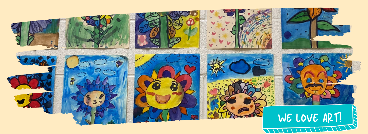 we love art; collection of sunflower pictures drawn and colored by students 