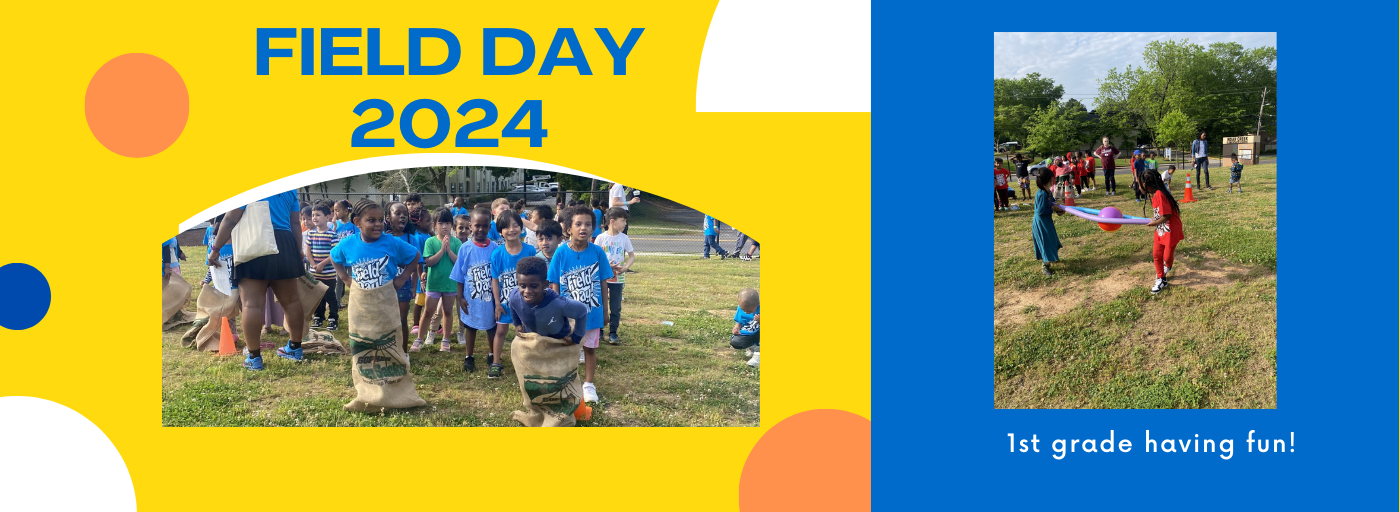 field day 2024; 1st grade having fun. 2 pictures of students having fun at field day. 