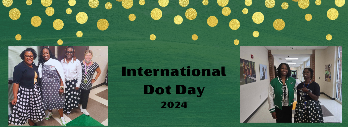 International Dot Day 2024; 2 pictures of women standing in school hallway with polka dots on