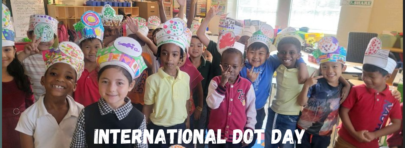 Group of students smiling and making hand gestures. International Dot Day 