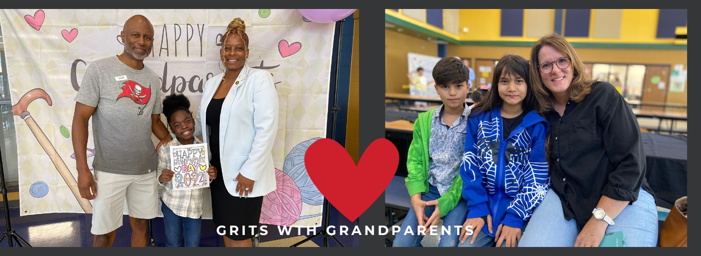 2 photographs of grandparents with their grandchildren; grits with grandparents and there is a red heart in the middle