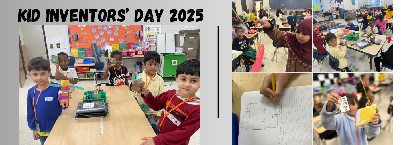 Kid Inventors&#39; Day 2025; 5 pictures of students in classrooms working on STEAM projects