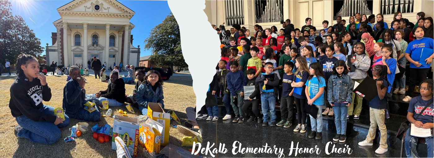 dekalb elementary honor choir; two pictures; first picture is a group of students having lunch on the lawn; second picture is a group of students standing on risers performing in church